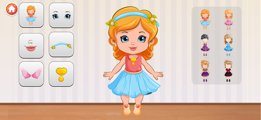 Doll Avatar Game - Mini Games - A character customization interface in the Doll Avatar Game featuring a cute cartoon girl with various fashion and accessory options.