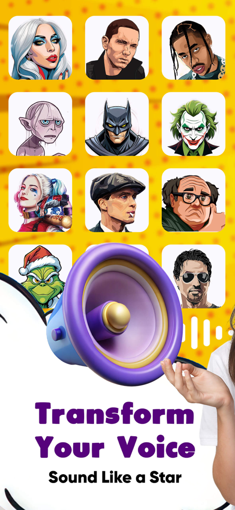 Interface de um aplicativo trocador de voz exibindo filtros de celebridades e personagens como Batman e Coringa