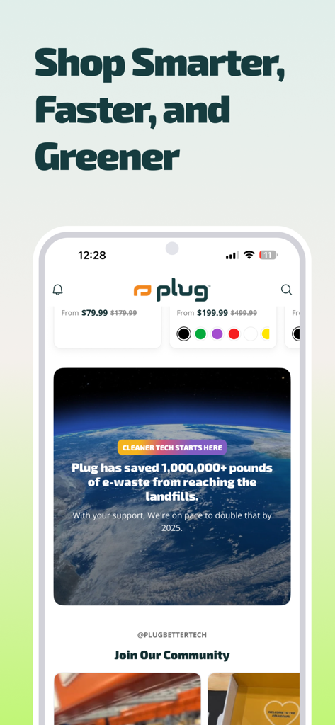 Mobile app interface for Plug showing an e-waste reduction milestone and sustainable shopping message