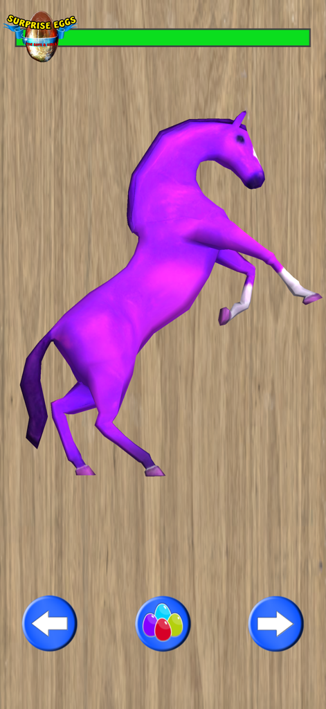 Surprise Eggs for Boys & Girls - Uma surpresa de brinquedo de cavalo roxo revelada em um fundo de madeira no jogo.