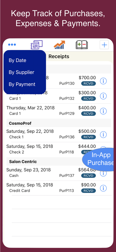 Nail Tech Schedule & Reminder - Bildschirm der Nail Tech App, der eine Liste von Geschäftsbelegen und Ausgaben nach Lieferant und Datum geordnet anzeigt