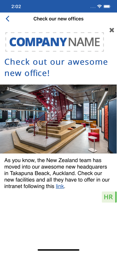 Internal company announcement about new office facilities on SnapComms app