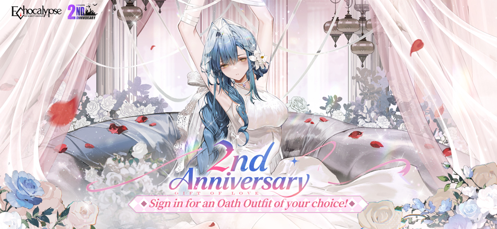Anime character in a white wedding dress for the Echocalypse 2nd anniversary event