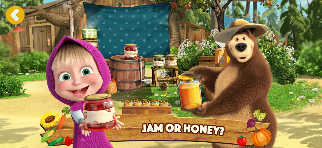 Masha and the Bear: Easy Farm - Masha y el Oso sosteniendo frascos de mermelada y miel en su granja con iconos de verduras
