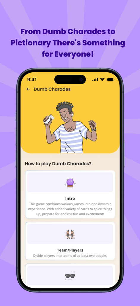 Mobile app screen showing instructions and team setup for the Dumb Charades game in Kozyclan.