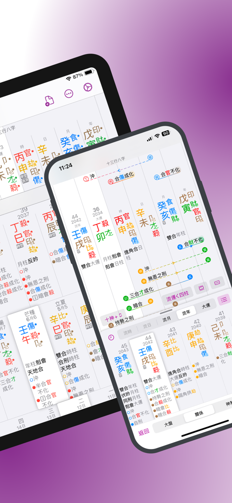 iPhone與iPad上的十三行八字App介面，顯示詳細的中國四柱命盤，包含智能關係分析