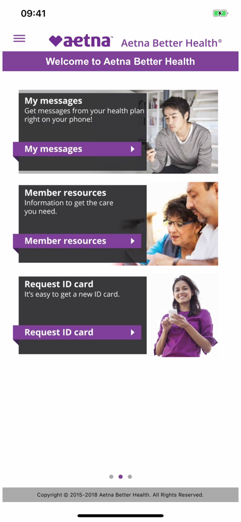 Aetna Better Health - Medicaid - The home screen of the Aetna Better Health Medicaid mobile app showing navigation options for messages resources and ID card requests