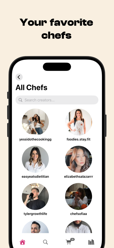 L'interfaccia dell'app Provecho che mostra una directory dei più popolari chef e creator di cucina dei social media.