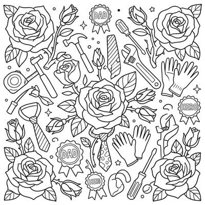 Celebrate the special dads in your life with this heartwarming Father's Day coloring page. It beautifully blends elegant pink roses with essential dad tools and symbols of love, creating a perfect artistic tribute.
