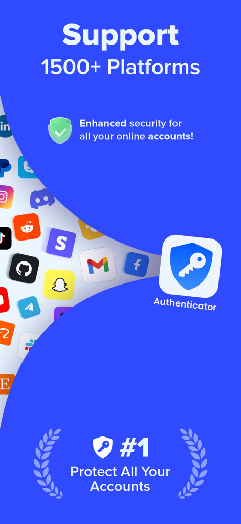 Authenticator App - 2FA Auth - Authenticator app screen showing support for over 1500 platforms and enhanced security for all online accounts
