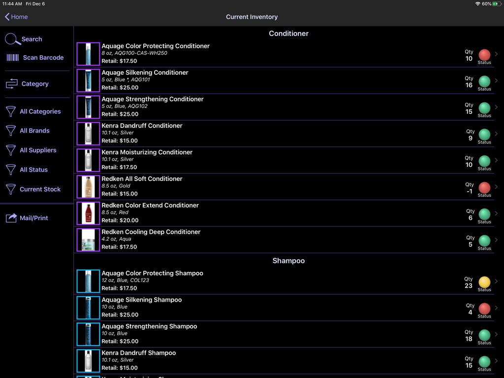 On Shelf - Current inventory screen in the On Shelf app showing salon products with stock quantities and color coded status indicators.
