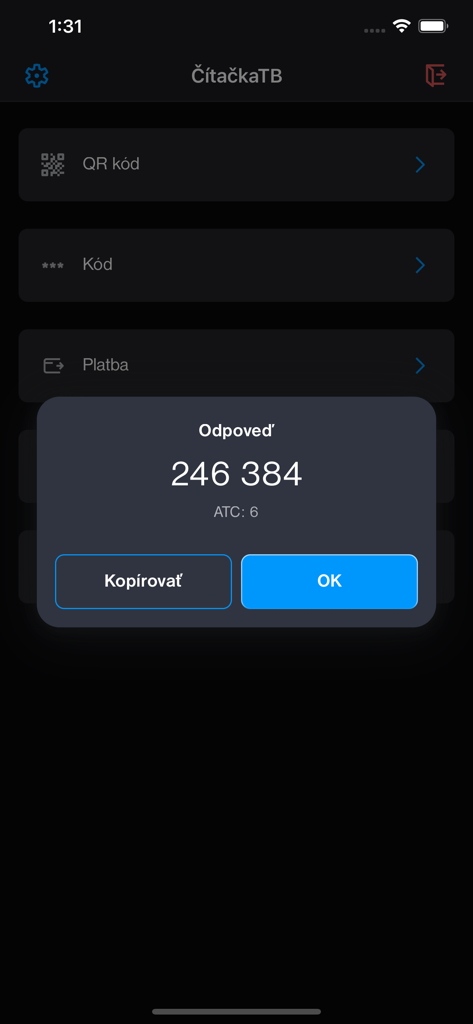 A mobile screen showing a six-digit authentication code generated by the Citacka app.