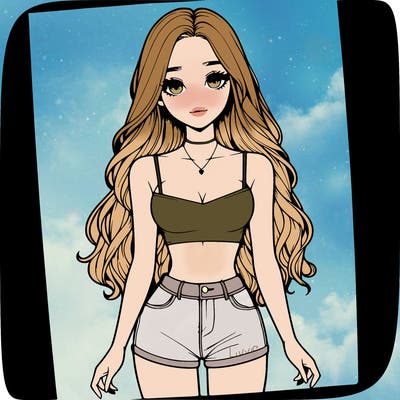 a realistic girl with long hair and in a crop top and shprts