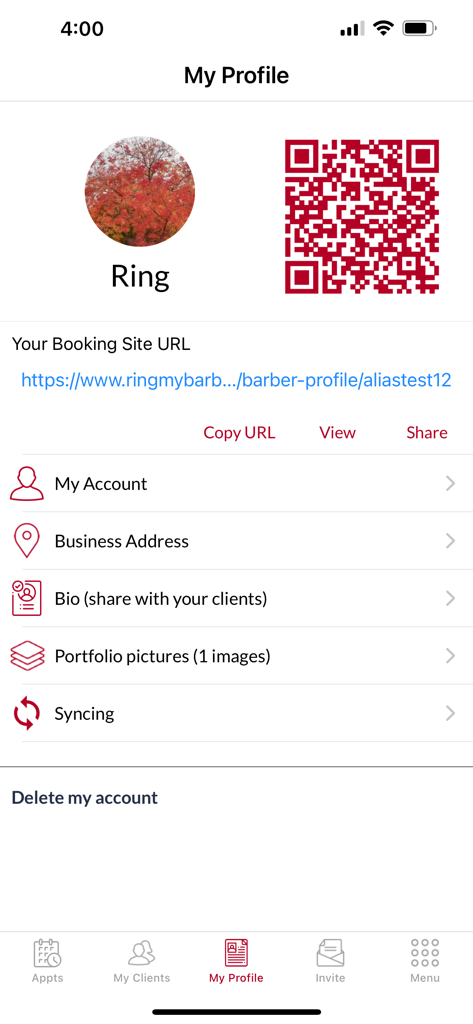 Ring My Barber: Booking App - Profile management screen in the Ring My Barber app featuring a QR code and personal booking website link