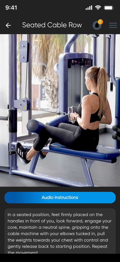 Planet Fitness Playアプリのシーテッドケーブルロウエクササイズチュートリアル。音声指示付き。