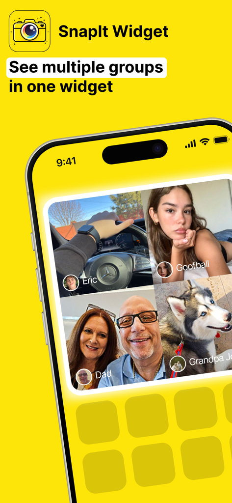 Tela inicial do iPhone mostrando um widget de fotos ao vivo do SnapIt de diferentes grupos de amigos e familiares