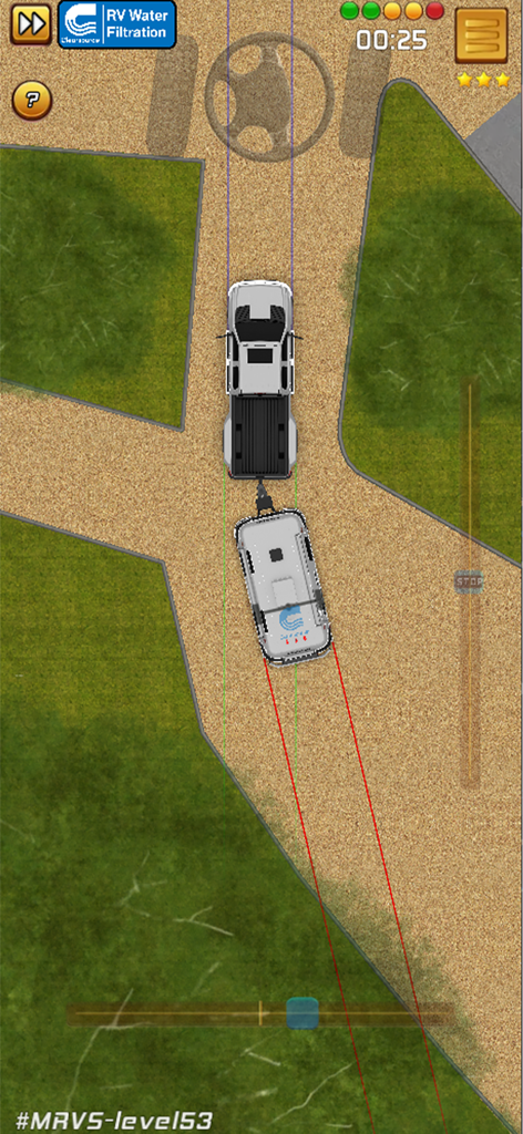 Top down view of a pickup truck reversing a travel trailer with trajectory lines in an RV park simulation