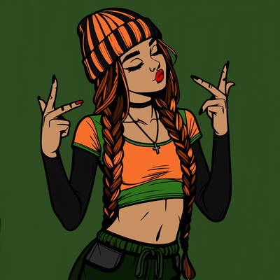 realistic teenage girl with braids and a beanie and crop top doing 🫶🏼