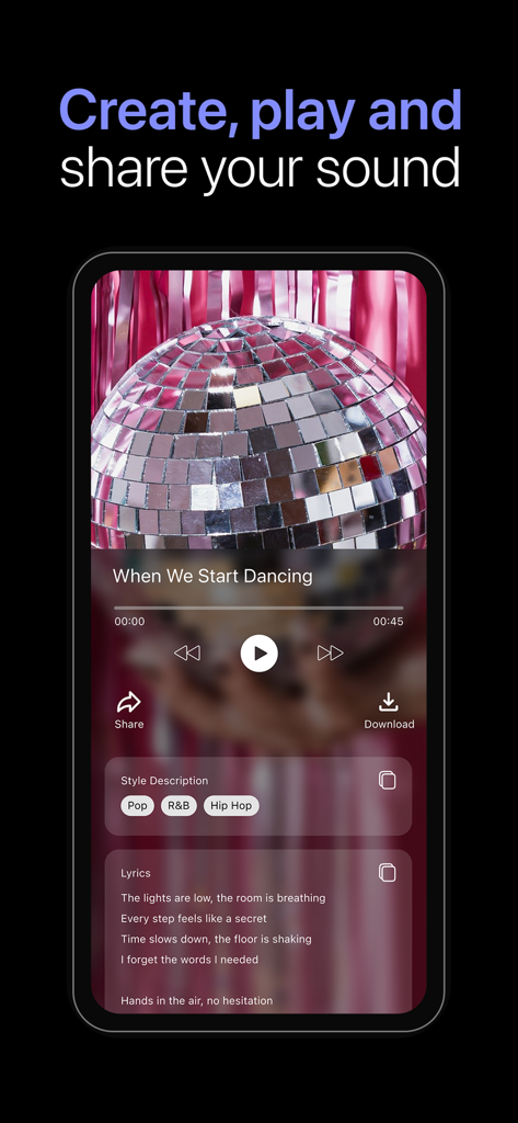 AI Music · Song & Cover Maker - Interfaz de la aplicación AI Music que muestra un reproductor de canciones con letras y etiquetas de estilo musical.