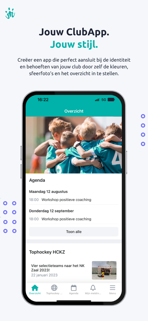 Smartphone affichant l'écran de présentation ClubApp avec un thème de club personnalisé et un planning d'événements