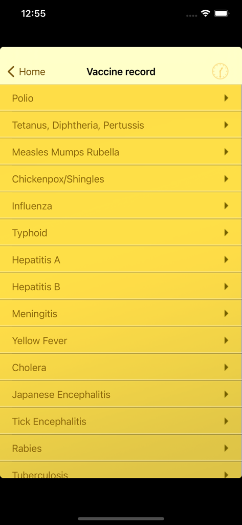A list of travel-related vaccines within the Vaccine Record for Travellers app.