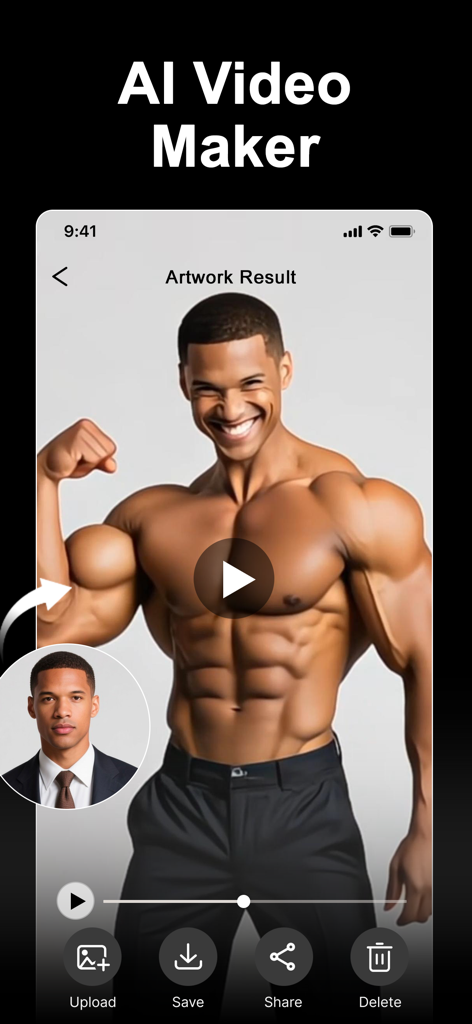 Vidmor-AI Video Generator - Interfaz del generador de video Vidmor AI que muestra el primer plano de la cabeza de un hombre transformado en una obra de arte de un culturista musculoso