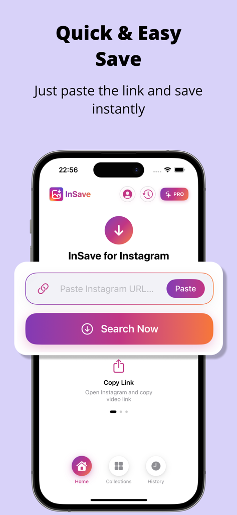 InSave: Reels & Story Bookmark - InSave app home screen showing the interface to paste an Instagram URL and save videos