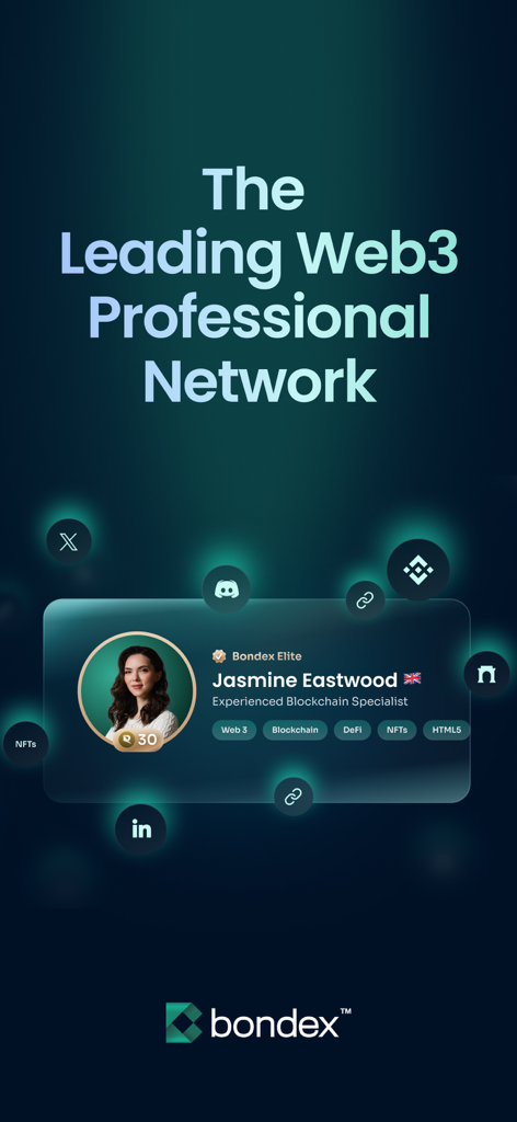 A professional profile for a blockchain specialist on the Bondex Web3 networking app