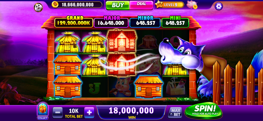 Cash Master Slots - Casino - Un écran de jeu de machine à sous sur le thème des Trois Petits Cochons présentant un grand méchant loup et divers niveaux de jackpot.