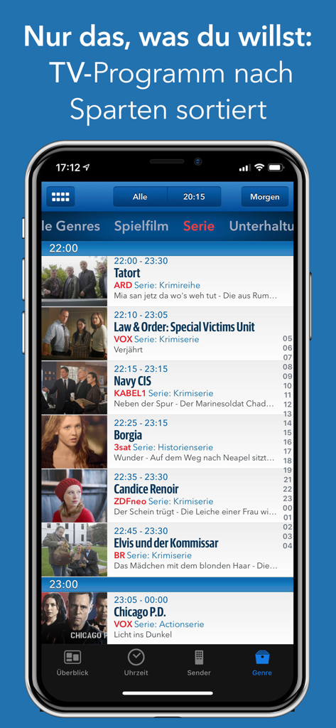 A smartphone showing the TV Pro Classic app interface with a list of TV series organized by genre including titles like Tatort and Law and Order.