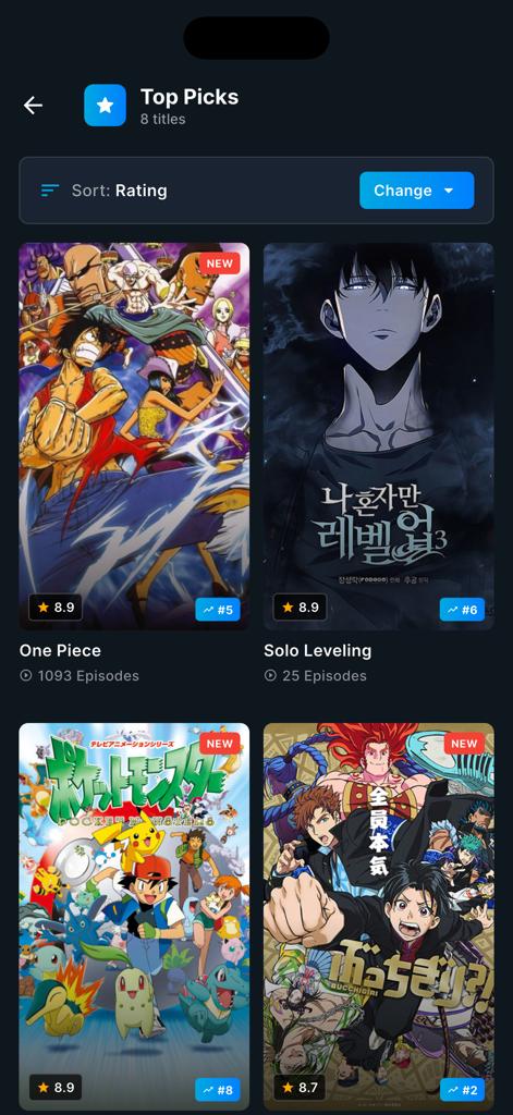 AniHub Max app interface displaying top picks of popular anime titles sorted by rating