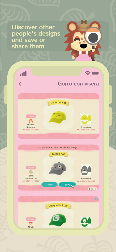 iNook - A screenshot of the iNook app showing custom Animal Crossing clothing designs like Pikachu and Totoro hats with sharing options.