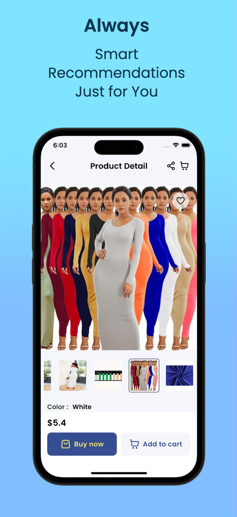 Yubai - Yubai app product details screen showing a fashion dress in various colors with buy now and add to cart buttons
