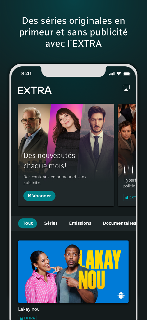 ICI TOU.TV - Interfaz de la aplicación ICI TOU.TV para la suscripción premium EXTRA que presenta series originales en francés