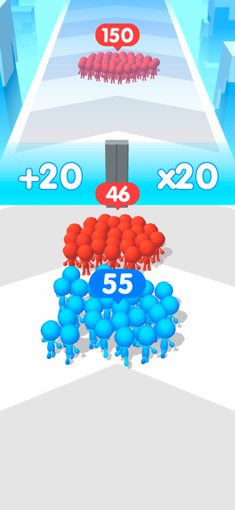 Gameplay von Count Stickman Run Master 3D, das eine Menge von blauen und roten Stickmen zeigt, die durch Additions- und Multiplikator-Tore auf einer Strecke laufen.