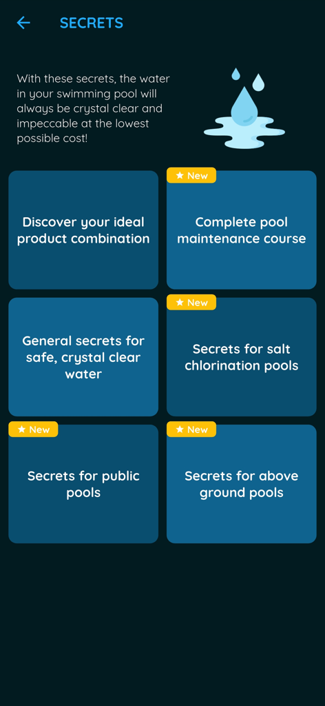 Swimming Pool Calculator - スイミングプール計算機アプリのメニュー画面。塩塩素、公共プール、地上プール用のメンテナンスガイドが表示されます。