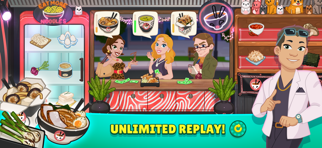Kitchen Scramble 2: World Cook - Un ajetreado camión de comida de fideos en Kitchen Scramble 2 con un cartel de Repetición Ilimitada.