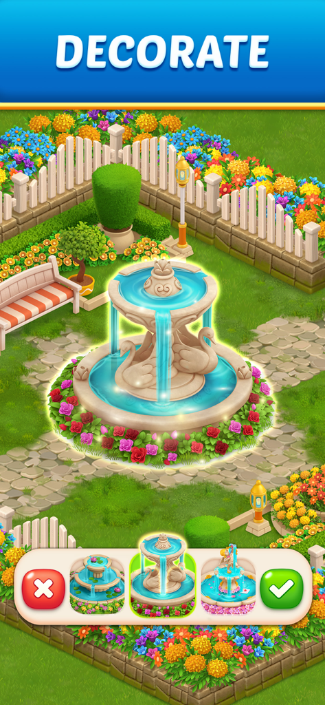 Garden decoration screen in Fionas Farm showing fountain customization options