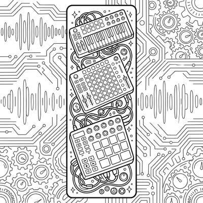 Dive into the fascinating world of digital music production with this intricate MIDI controller coloring page. Designed as a functional bookmark, it's perfect for musicians and tech enthusiasts looking for a creative outlet.