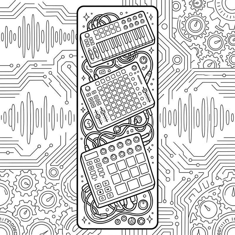 Dive into the fascinating world of digital music production with this intricate MIDI controller coloring page. Designed as a functional bookmark, it's perfect for musicians and tech enthusiasts looking for a creative outlet.