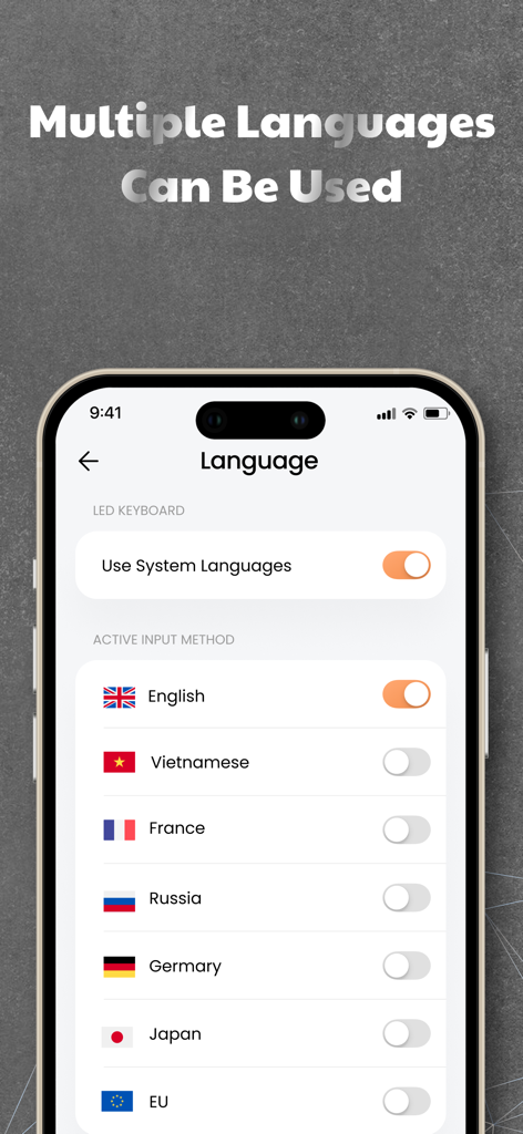 LED Keyboard - RGB Color - Pantalla de configuración de idioma en la aplicación Teclado LED mostrando opciones para múltiples idiomas como inglés y vietnamita