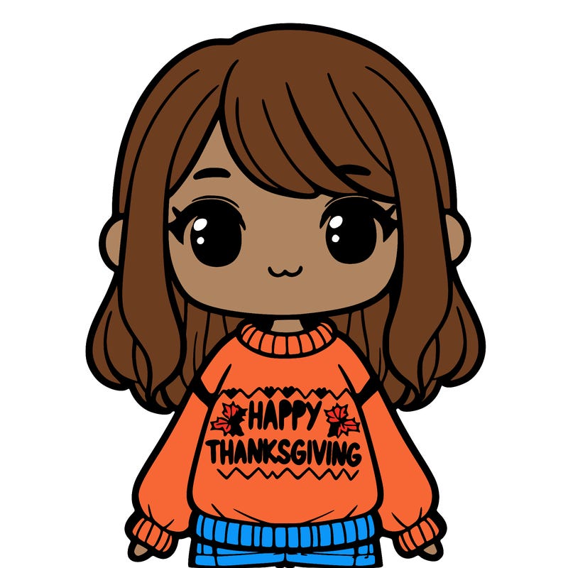 a girl that has a sweater that says happy thanksgiving