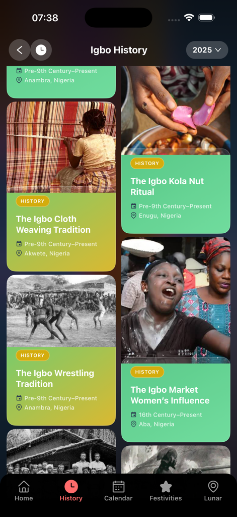 Onwá - A screen from the Onwa app displaying a list of Igbo history topics like cloth weaving and rituals.