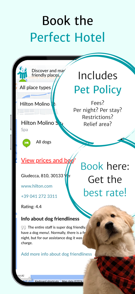 DogMap mobile app screen showing dog friendly hotel booking options and detailed pet policy information.