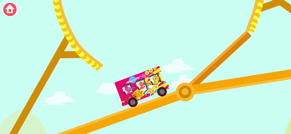 Dinosaur Bus: Kids Car Games - A colorful pink bus with dinosaur passengers driving up a steep yellow roller coaster track in the sky.
