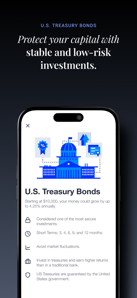 Folionet - Folionet mobile app interface showing US Treasury Bonds investment details and benefits