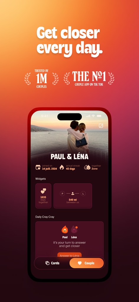 Interfaz de la aplicación de parejas Cray Cray que muestra las rachas de conexión diarias y widgets de seguimiento de distancia.
