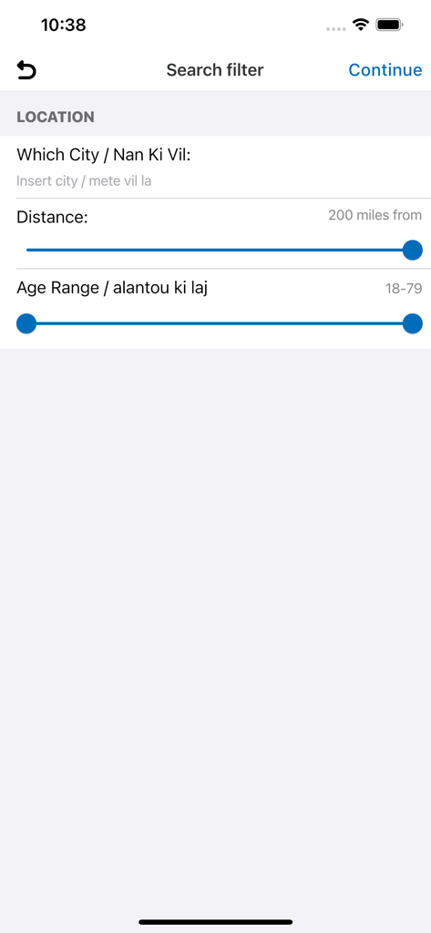 Rankontre: Match. Chat. Date. - Rankontre app search filter screen showing location distance and age range options in English and Haitian Creole