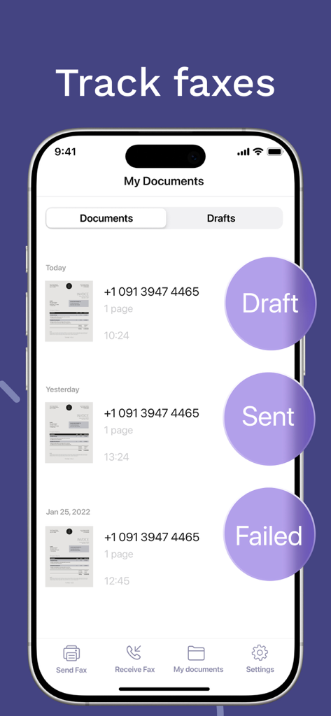 iPhone screen showing the track faxes feature with a list of documents and their status as draft, sent, or failed