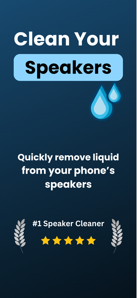 Pantalla de la aplicación Eliminador de Líquido promocionando la capacidad de eliminar rápidamente agua y limpiar los altavoces del teléfono